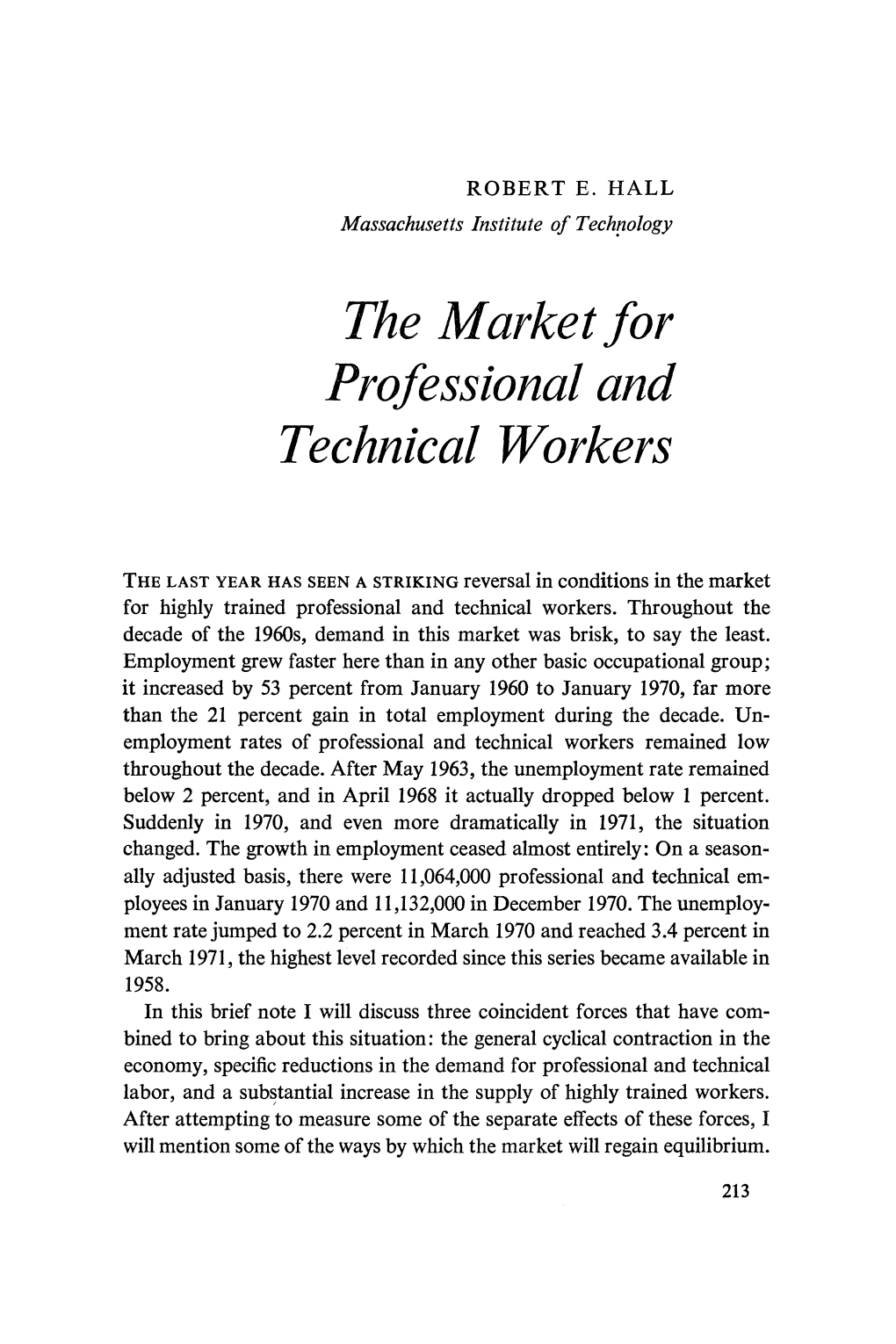 The Market for Professional and Technical Workers