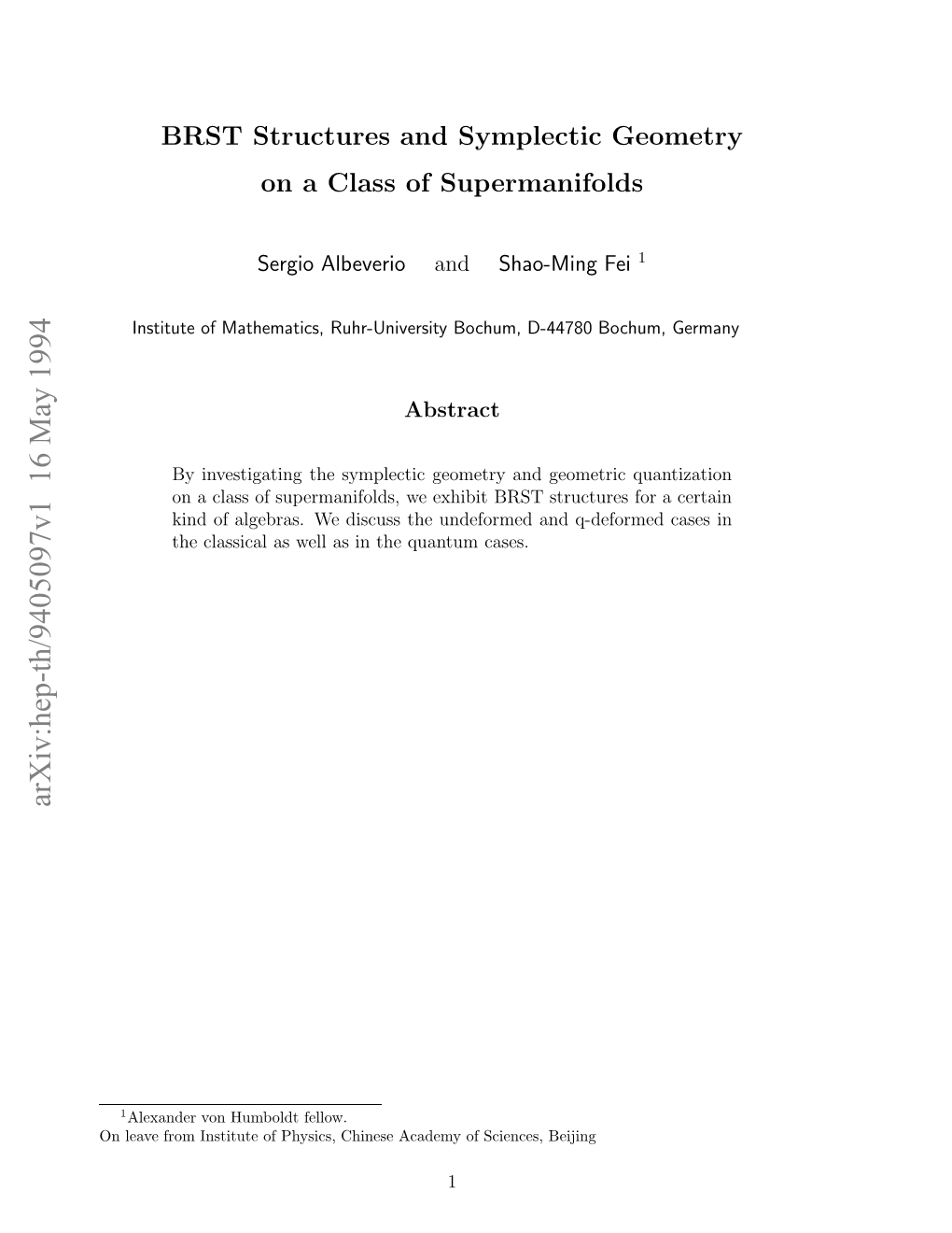 BRST Structures and Symplectic Geometry on a Class of Supermanifolds