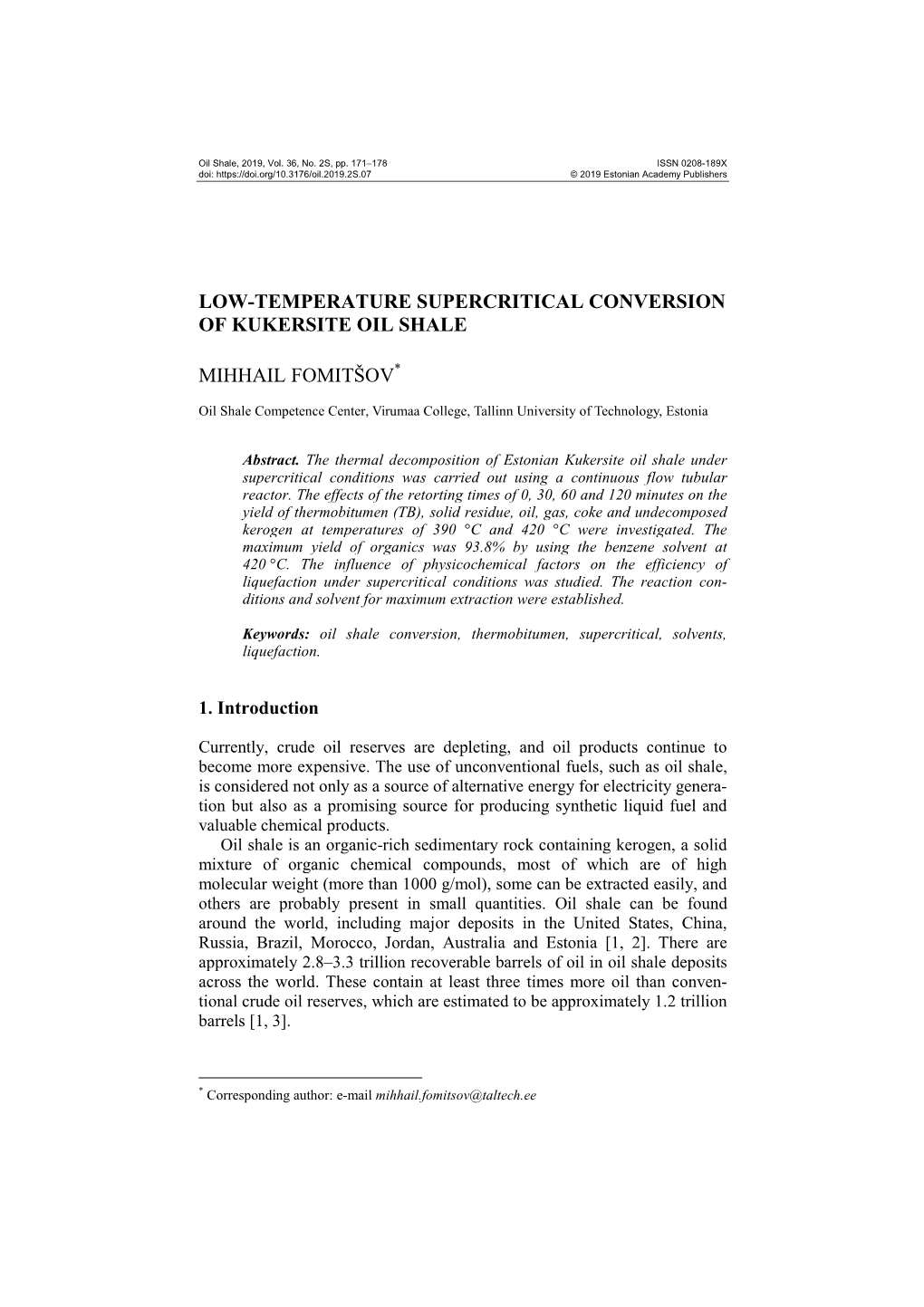 Low-Temperature Supercritical Conversion of Kukersite Oil Shale