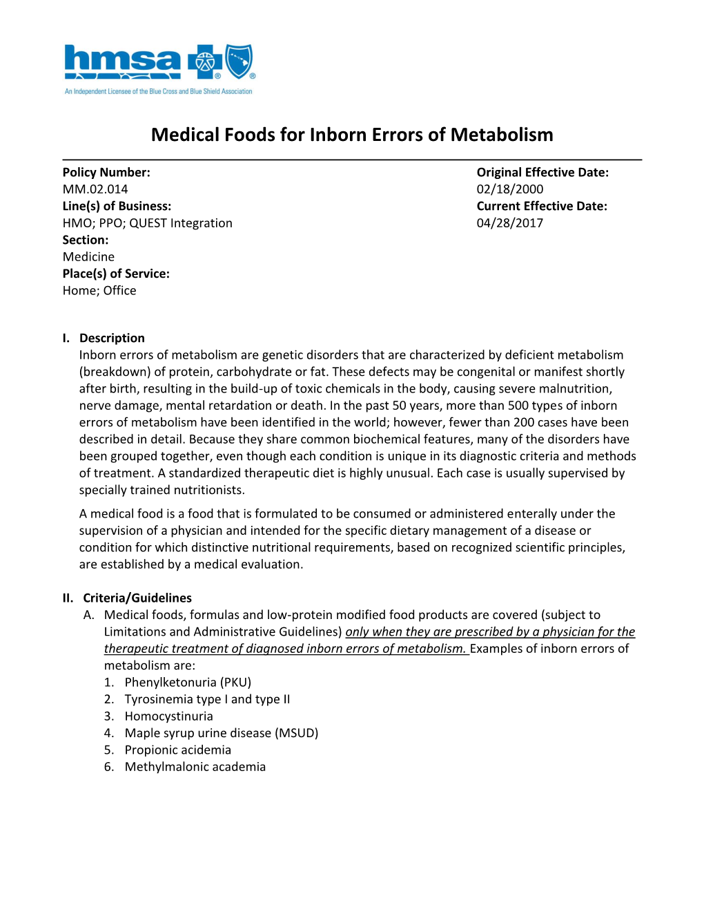 Medical Foods for Inborn Errors of Metabolism