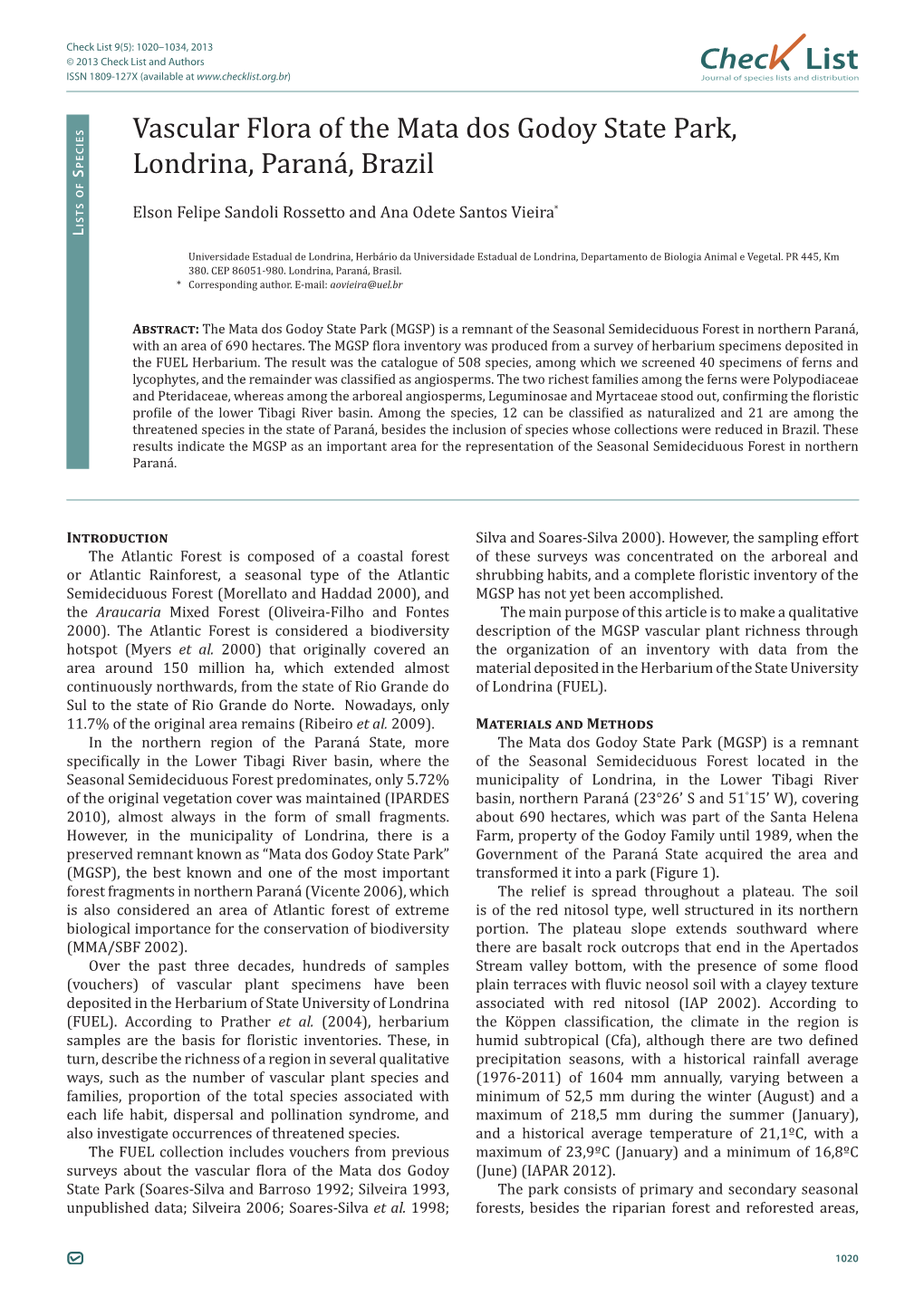 Check List 9(5): 1020–1034, 2013 © 2013 Check List and Authors Chec List ISSN 1809-127X (Available at Journal of Species Lists and Distribution