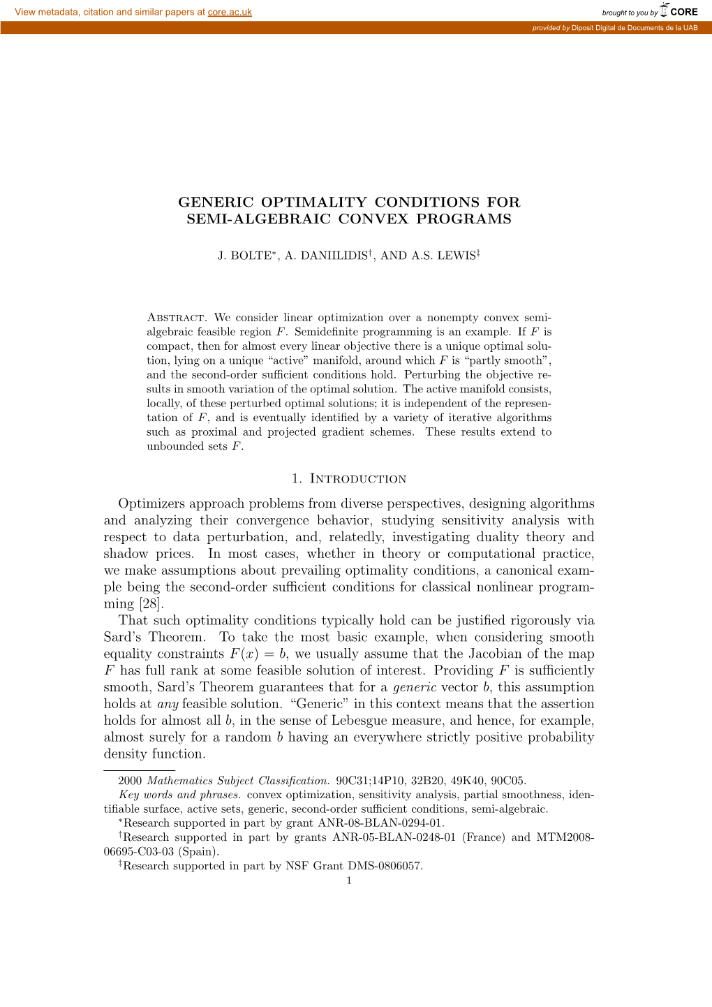 Generic Optimality Conditions for Semi-Algebraic Convex Programs