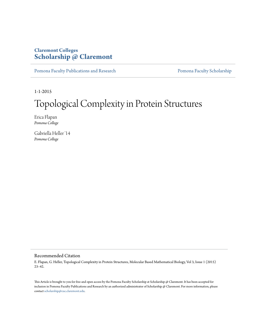 Topological Complexity in Protein Structures Erica Flapan Pomona College