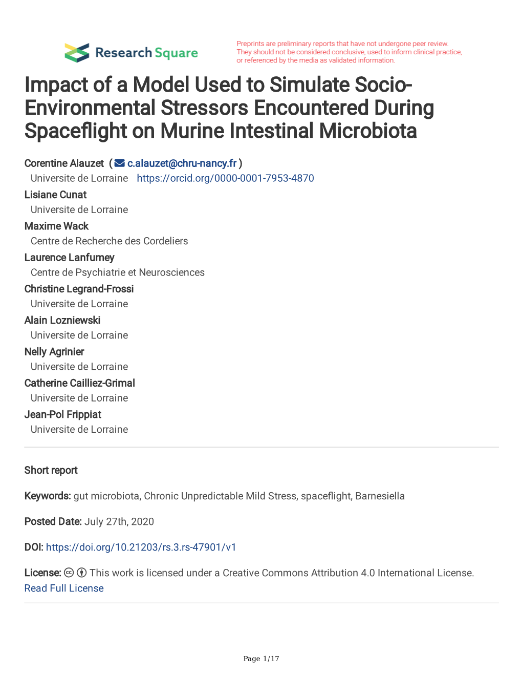 Environmental Stressors Encountered During Spacefight on Murine Intestinal Microbiota