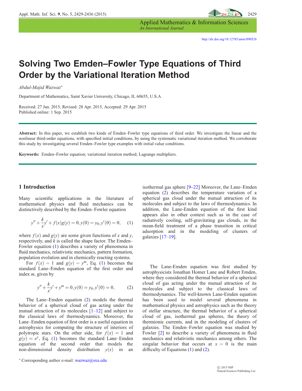 Solving Two Emden–Fowler Type Equations of Third Order by the Variational Iteration Method