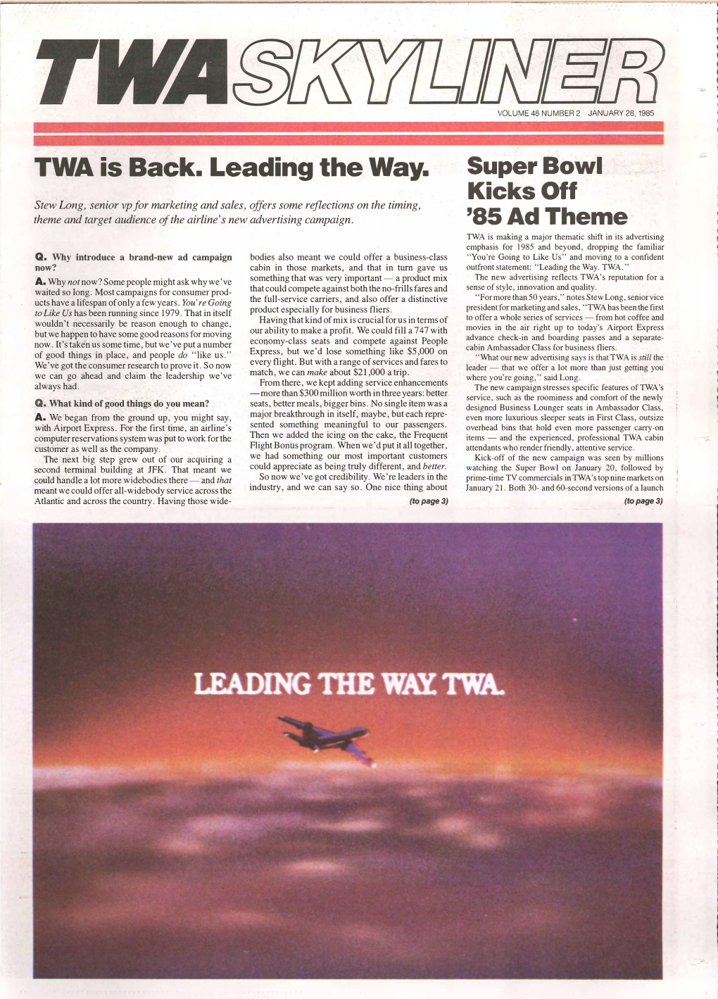 TWA Is Back. Leading the Way. Super Bowl Kicks Off '85Adtheme