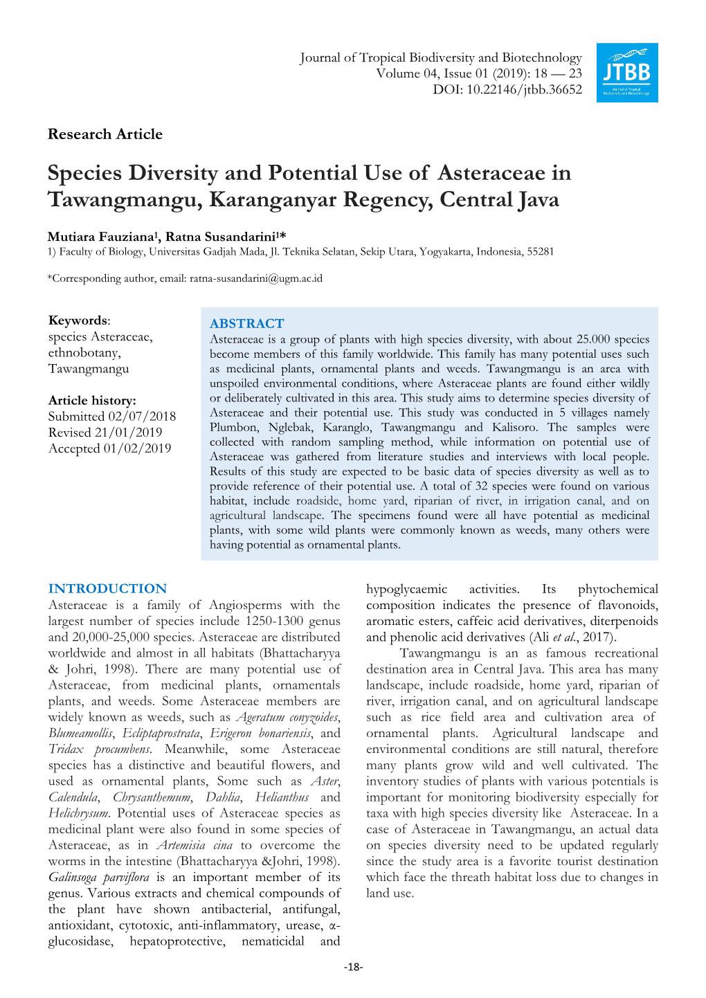 Species Diversity and Potential Use of Asteraceae in Tawangmangu, Karanganyar Regency, Central Java