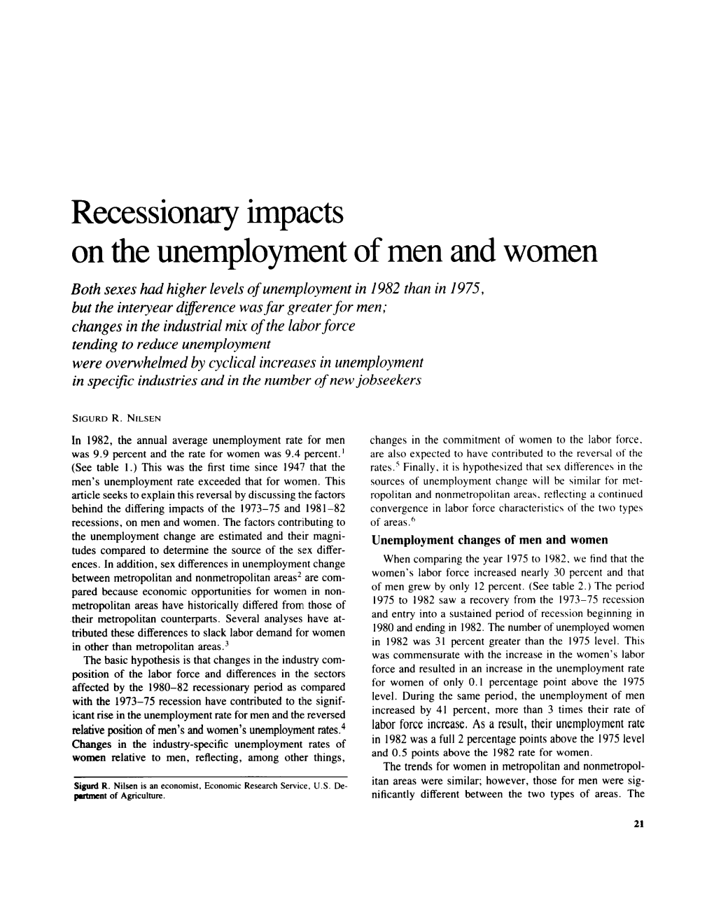 Recessionary Impacts on the Unemployment of Men and Women