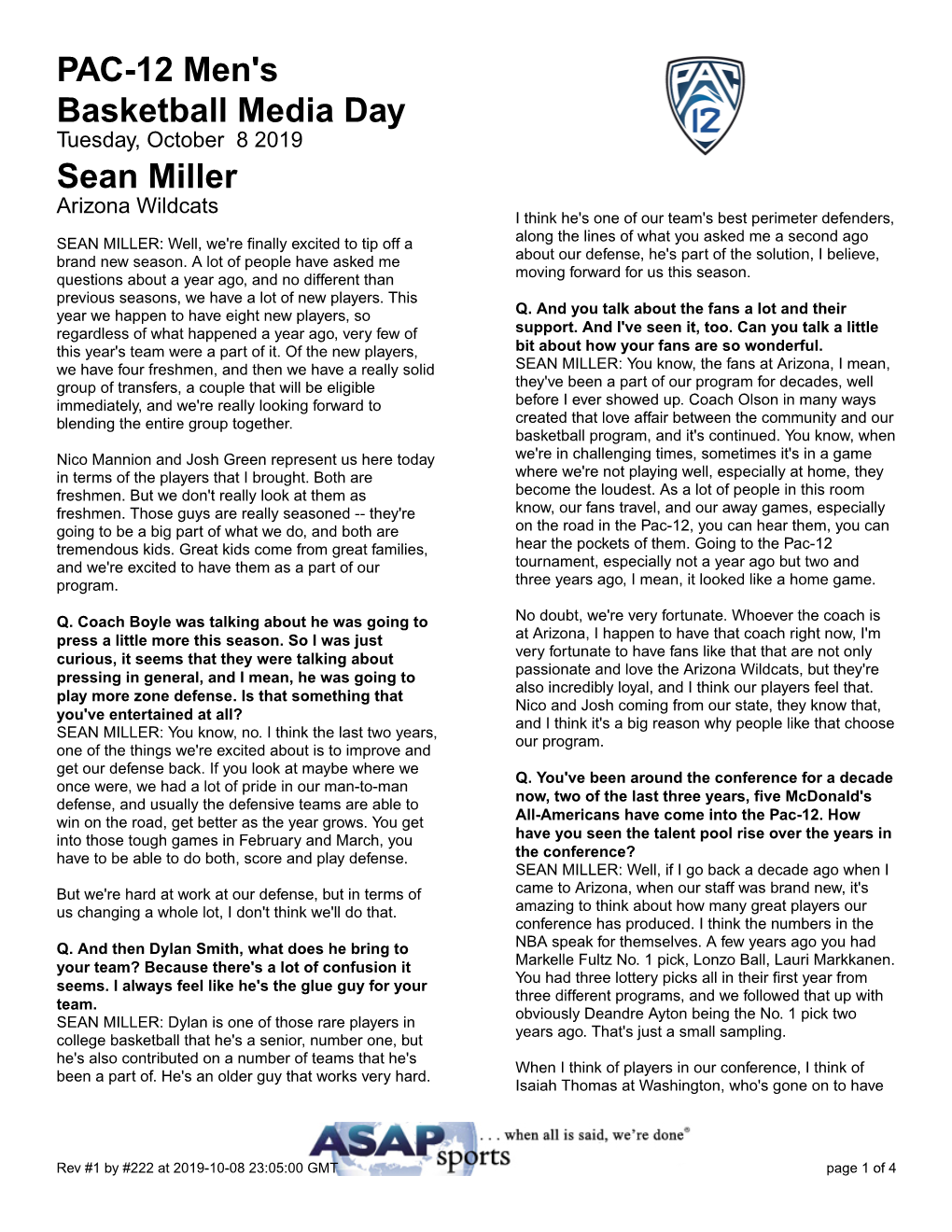 PAC-12 Men's Basketball Media Day Sean Miller