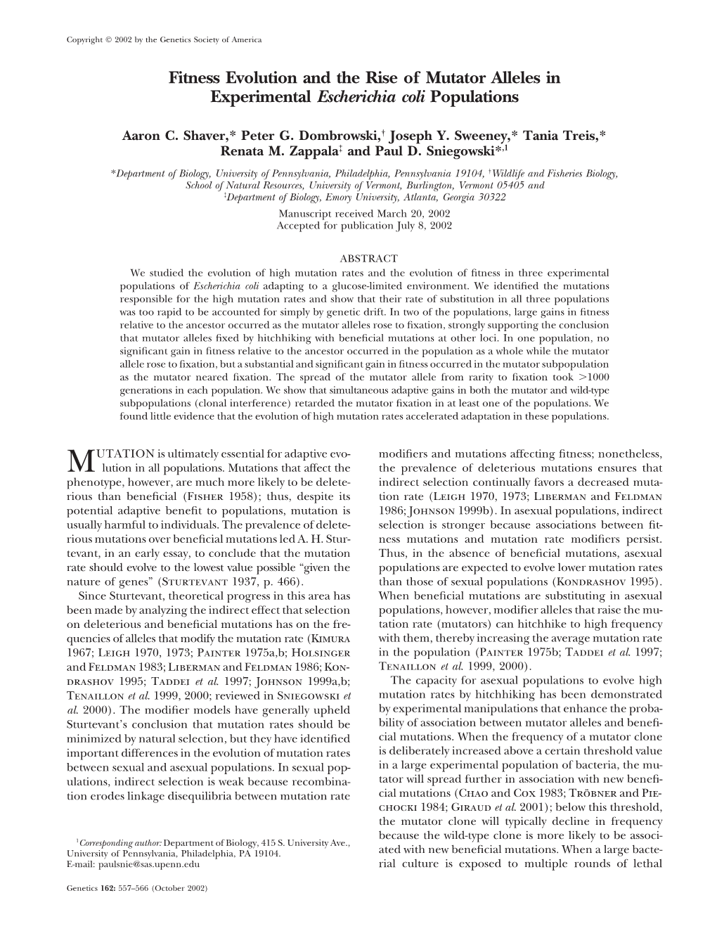 Fitness Evolution and the Rise of Mutator Alleles in Experimental Escherichia Coli Populations