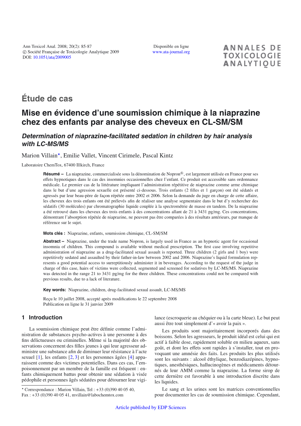 Une Soumission Chimique À La Niaprazine Chez Des Enfants Par Analyse Des Cheveux En CL-SM/SM