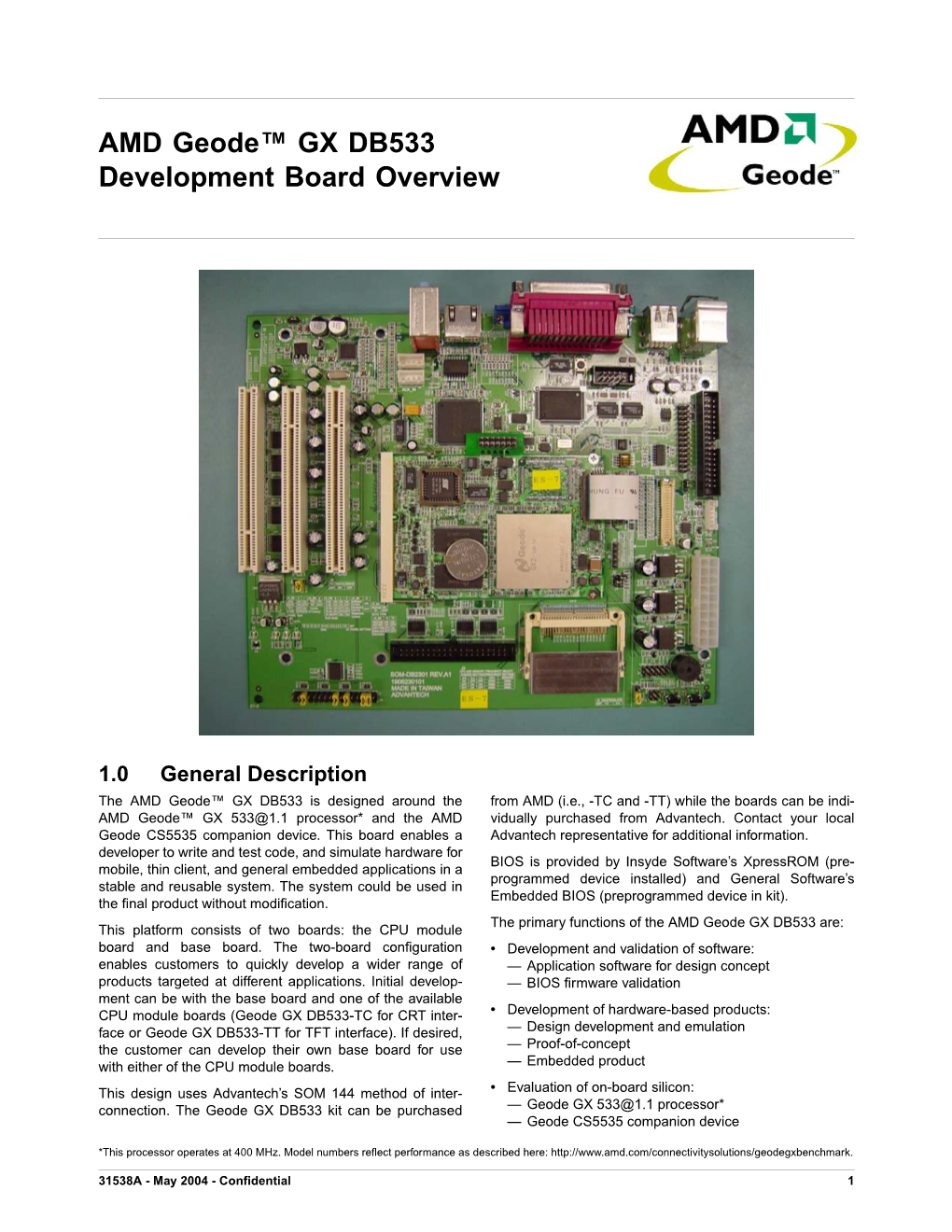 AMD Geode™ GX DB533 Development Board Overview