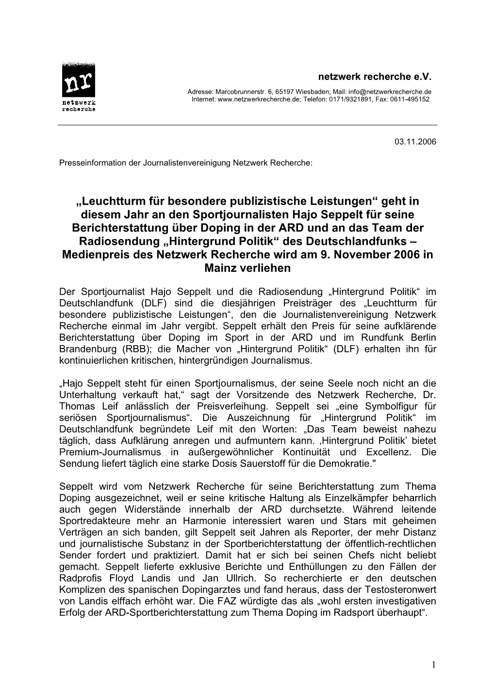 „Leuchtturm Für Besondere Publizistische Leistungen“ Geht In