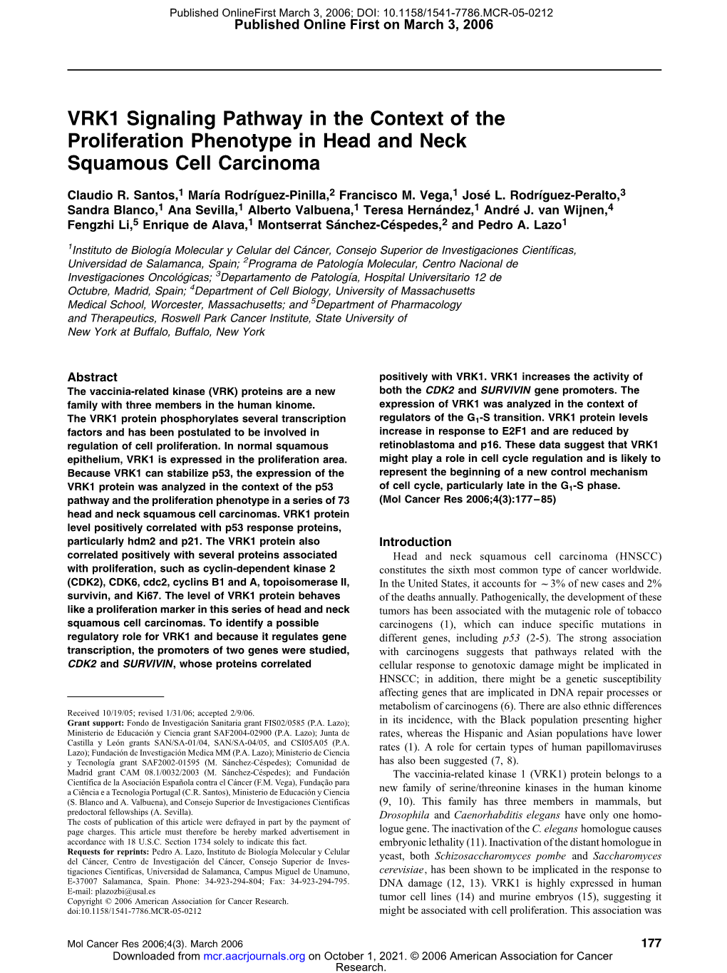 VRK1 Signaling Pathway in the Context of the Proliferation Phenotype in Head and Neck Squamous Cell Carcinoma