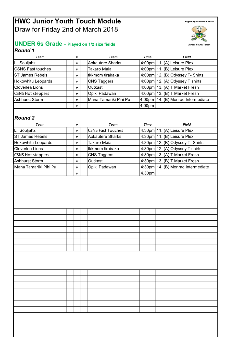 HWC Junior Youth Touch Module Draw for Friday 2Nd of March 2018