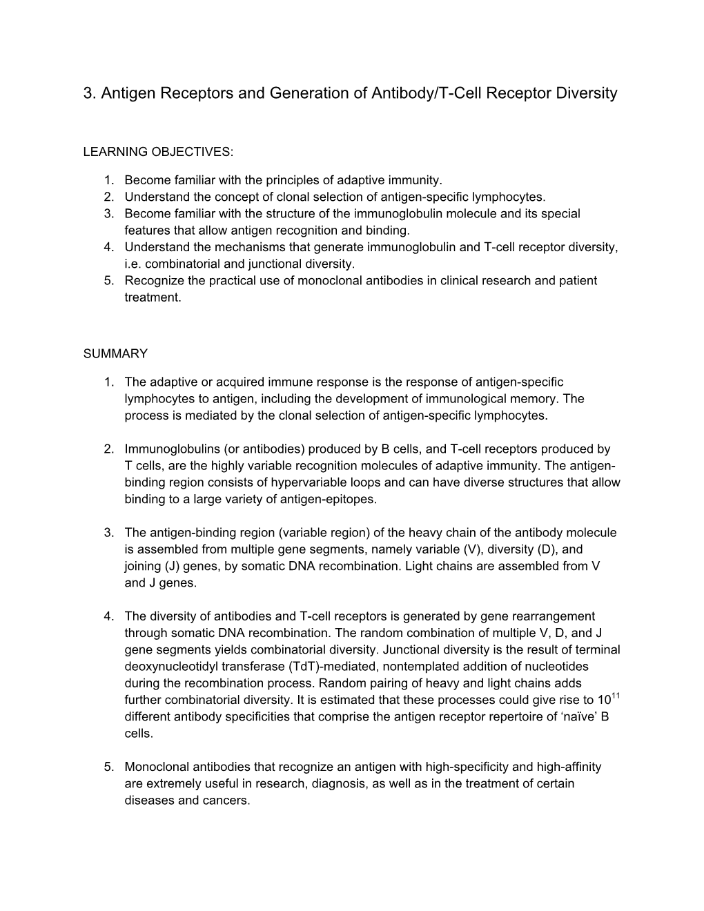 3. Antigen Receptors and Generation of Antibody/T-Cell Receptor Diversity