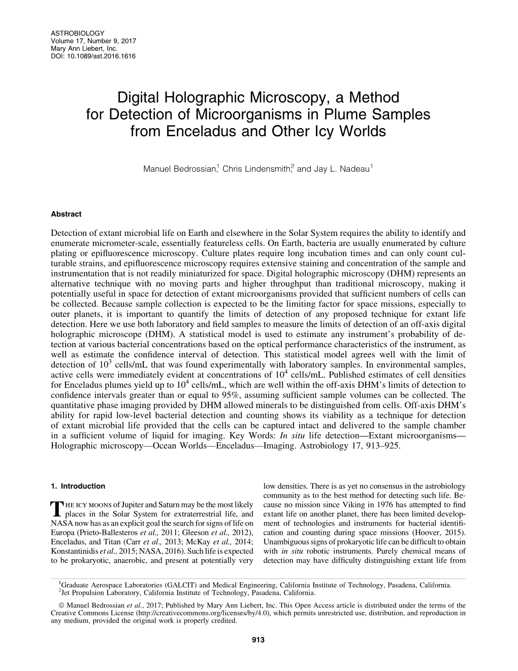 Digital Holographic Microscopy, a Method for Detection of Microorganisms in Plume Samples from Enceladus and Other Icy Worlds