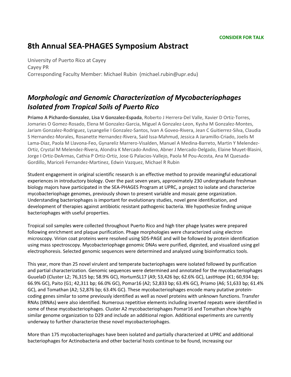 8Th Annual SEA-PHAGES Symposium Abstract