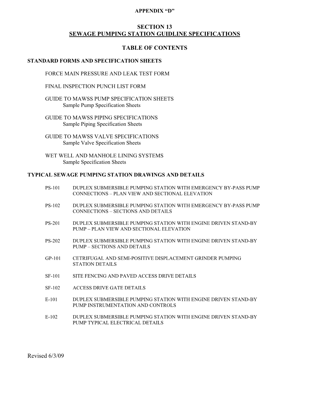 SECTION 13 SEWAGE PUMPING STATION GUIDLINE SPECIFICATIONS TABLE of CONTENTS Revised 6/3/09