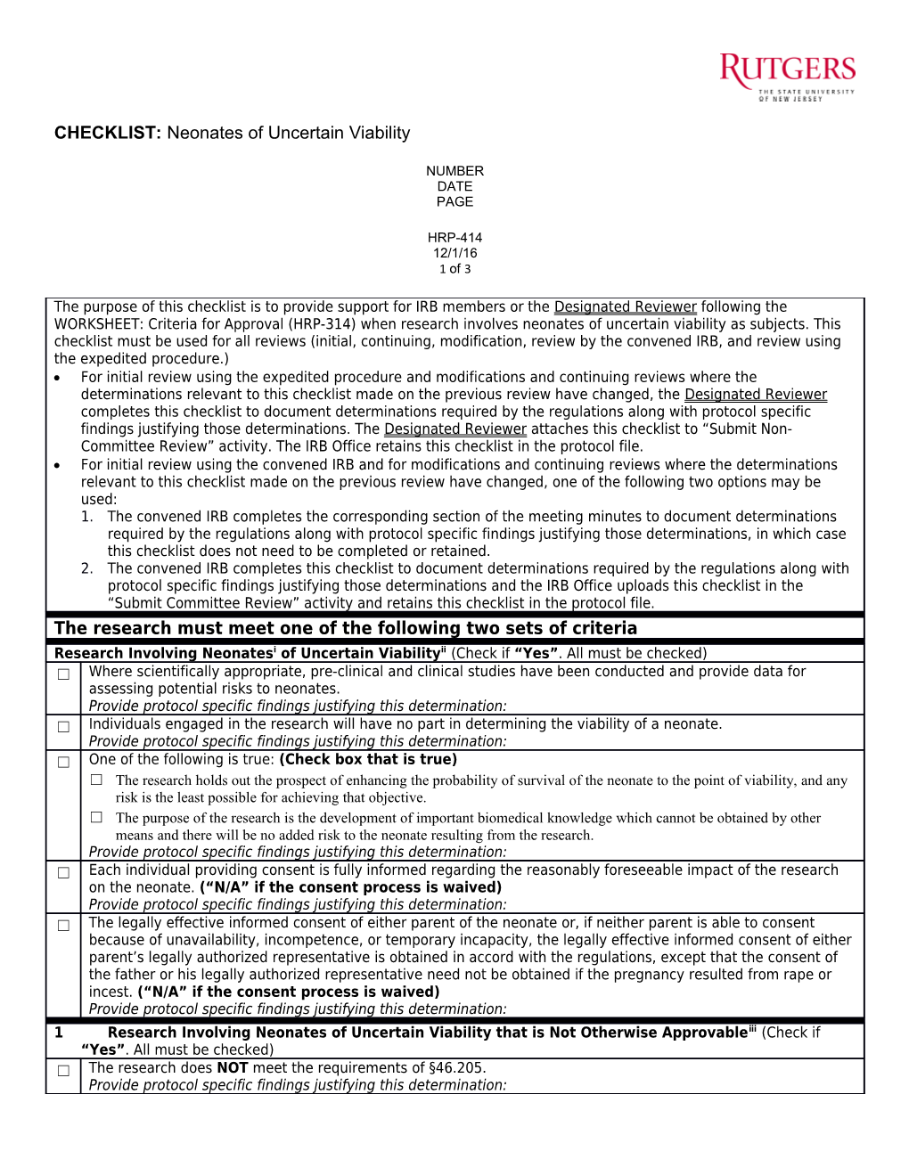 CHECKLIST: Neonates of Uncertain Viability