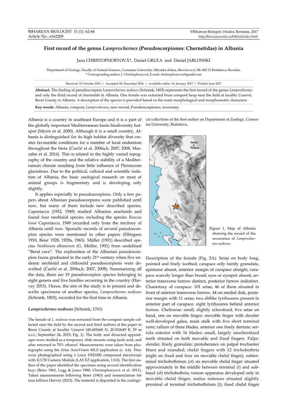 First Record of the Genus Lamprochernes (Pseudoscorpiones: Chernetidae) in Albania