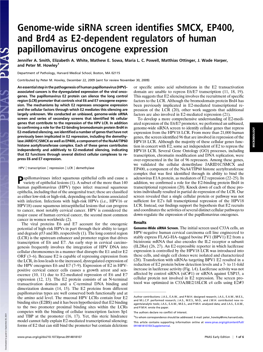 Genome-Wide Sirna Screen Identifies SMCX, EP400, and Brd4 As E2