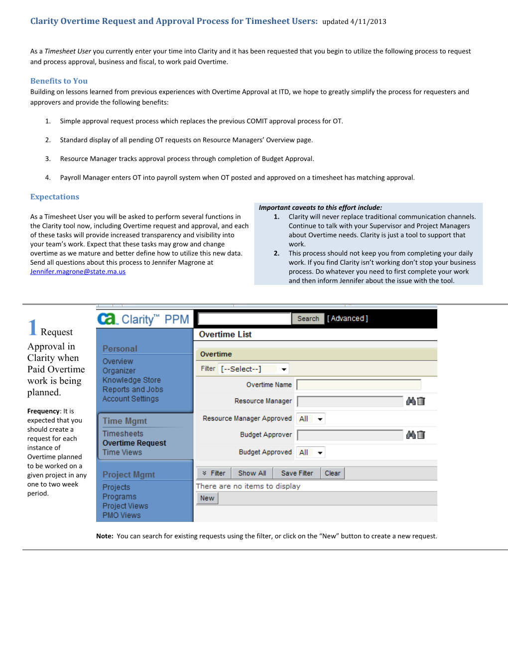 Clarity Overtime Request and Approval Process for Timesheet Users: Updated 4/11/2013