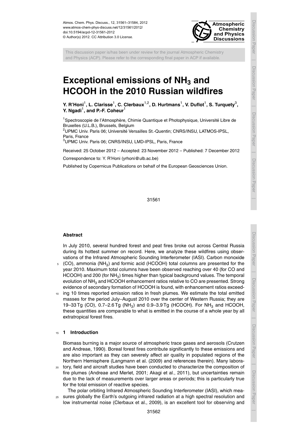 Exceptional Emissions of NH3 and HCOOH in the 2010 Russian Wildfires