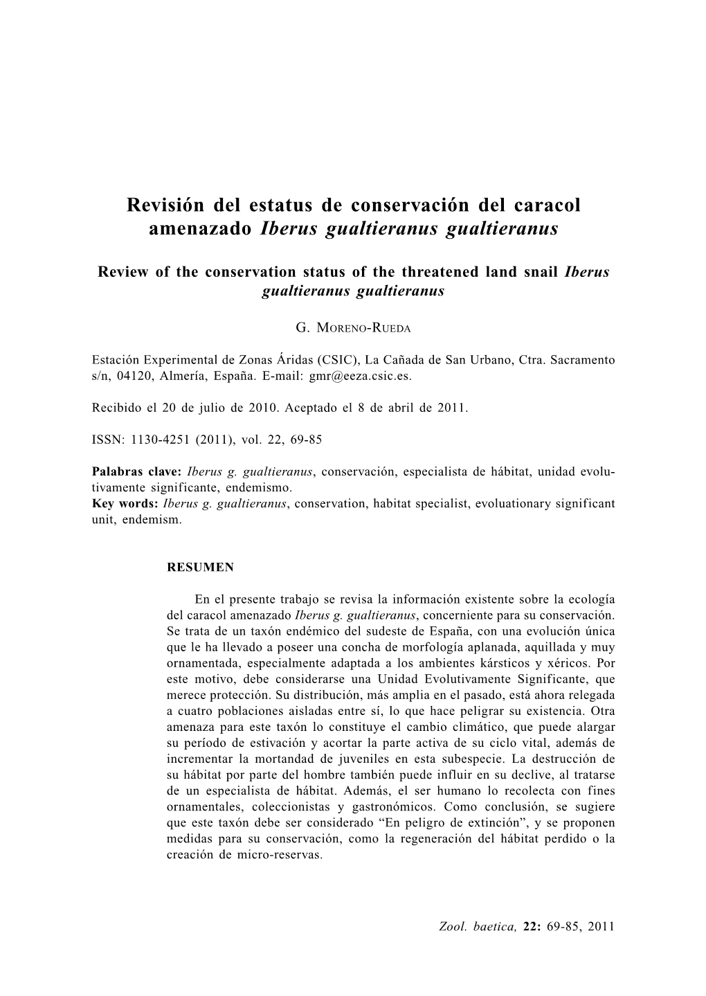 Revisión Del Estatus De Conservación Del Caracol Amenazado Iberus Gualtieranus Gualtieranus