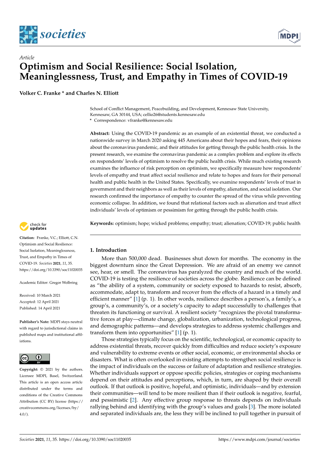 Optimism and Social Resilience: Social Isolation, Meaninglessness, Trust, and Empathy in Times of COVID-19