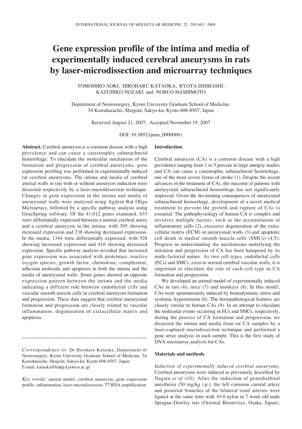 Gene Expression Profile of the Intima and Media of Experimentally Induced Cerebral Aneurysms in Rats by Laser-Microdissection and Microarray Techniques