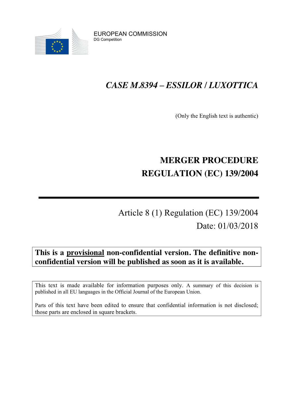 Essilor / Luxottica Merger Procedure