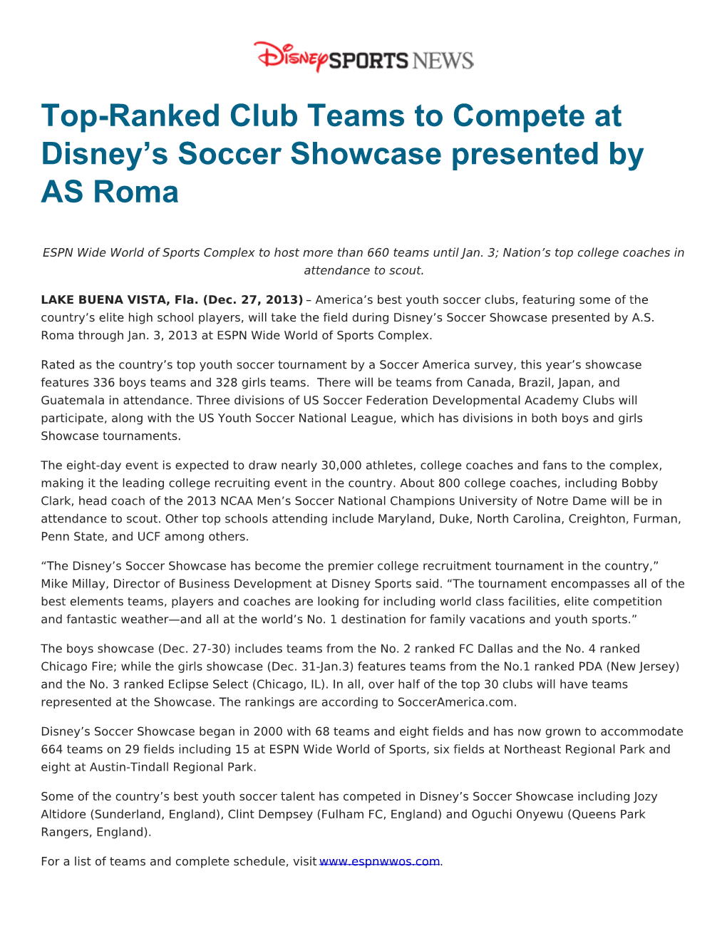 Top-Ranked Club Teams to Compete at Disney's Soccer Showcase