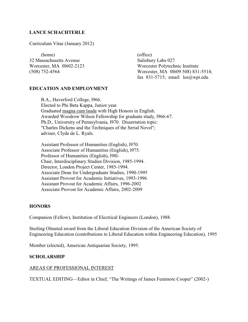 LANCE SCHACHTERLE Curriculum Vitae (January 2012)