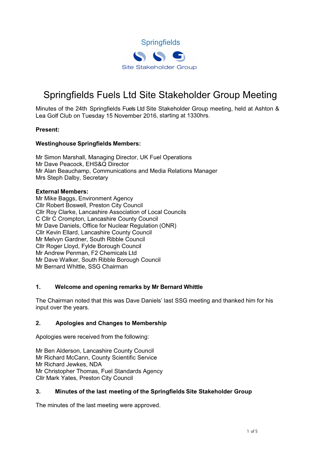 Springfields Fuels Ltd Site Stakeholder Group Meeting