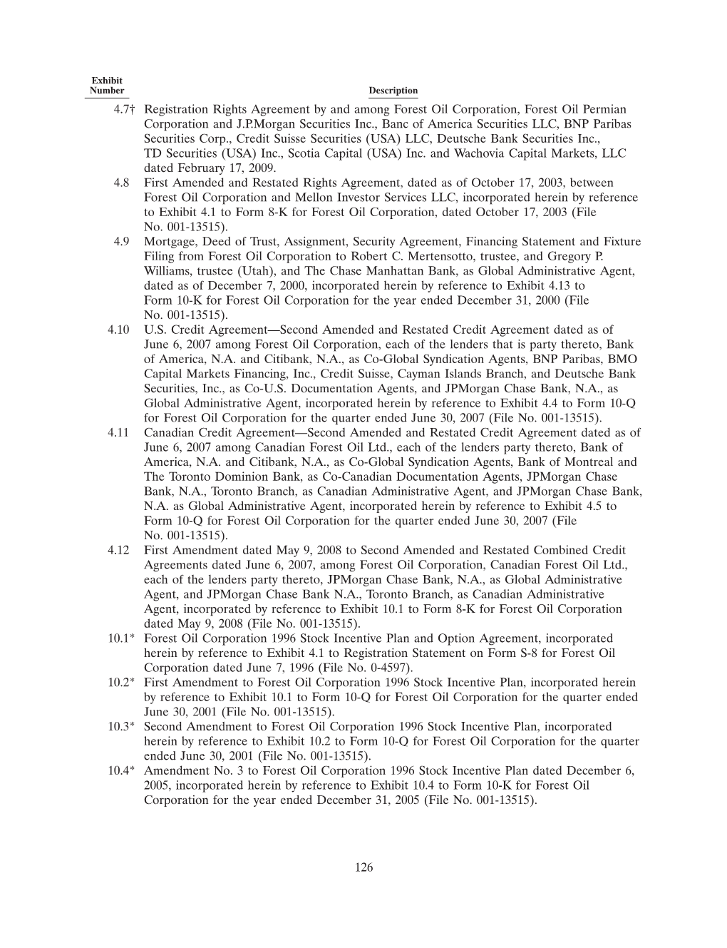 4.7† Registration Rights Agreement by and Among Forest Oil Corporation, Forest Oil Permian Corporation and J.P.Morgan Securiti