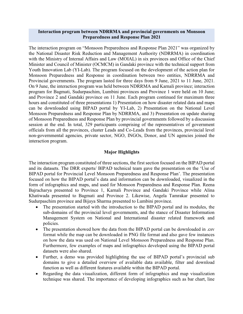 Interaction Program Between NDRRMA and Provincial Governments on Monsoon Preparedness and Response Plan 2021