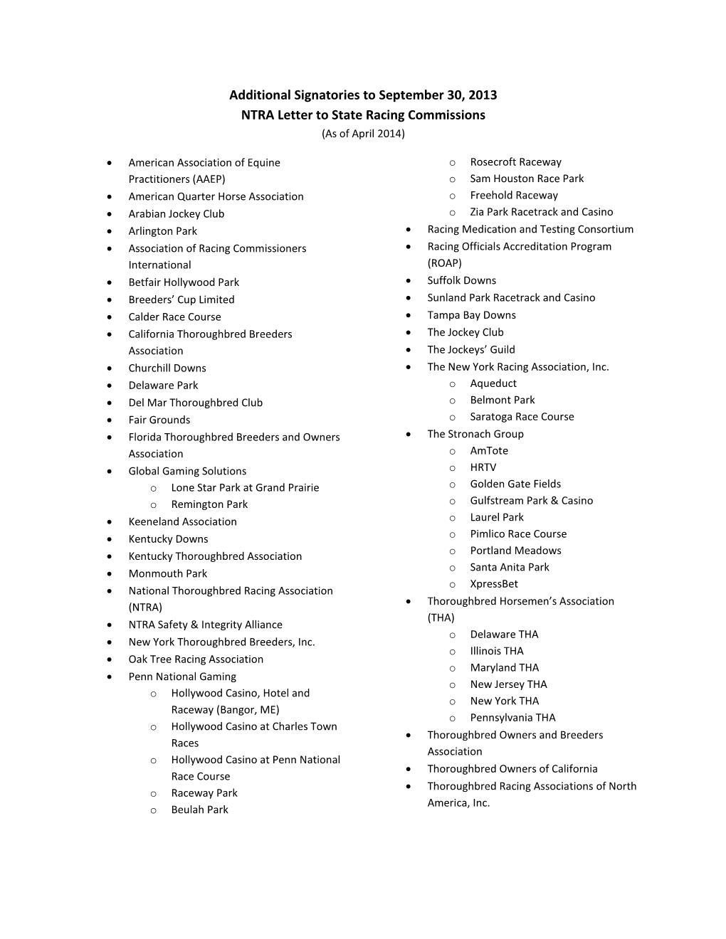 Signatories to NTRA Letter to State Racing Commissions