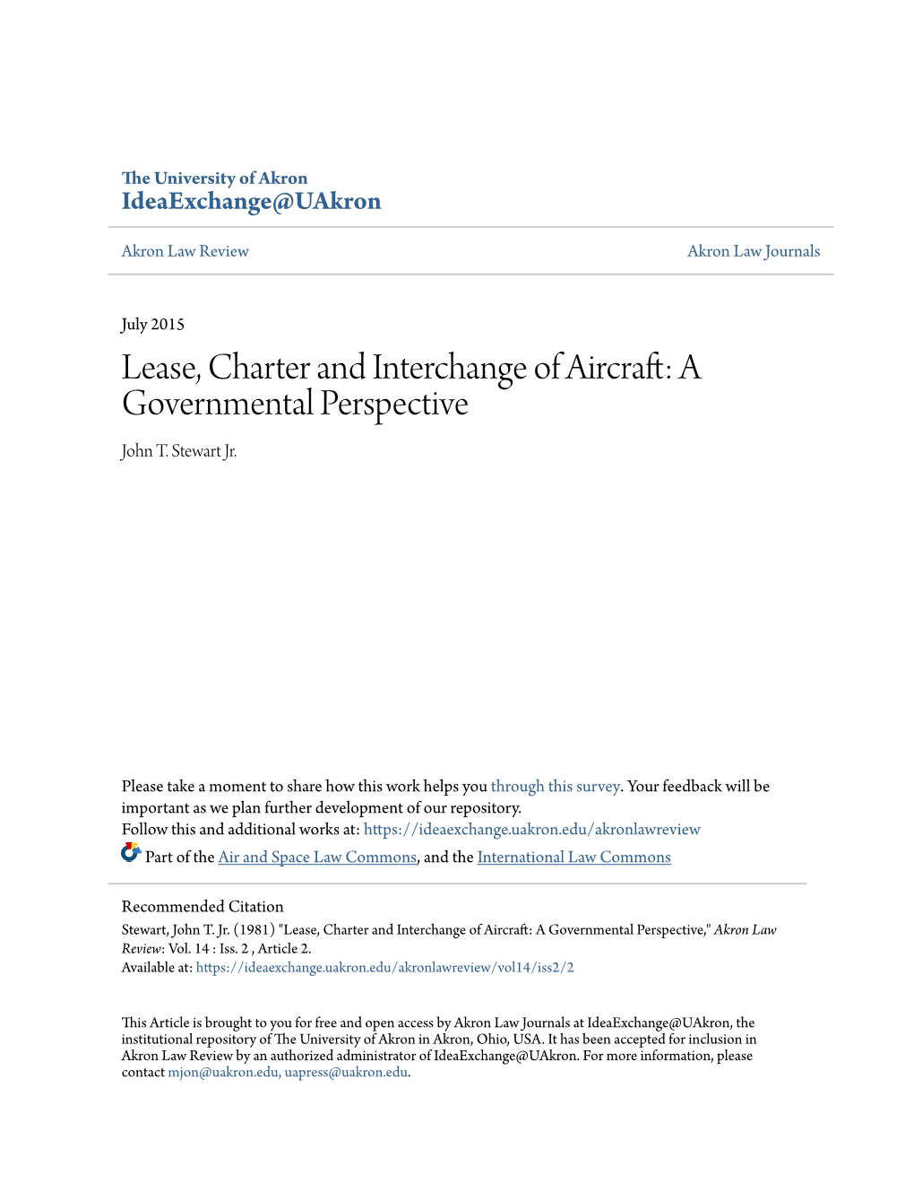 Lease, Charter and Interchange of Aircraft: a Governmental Perspective John T