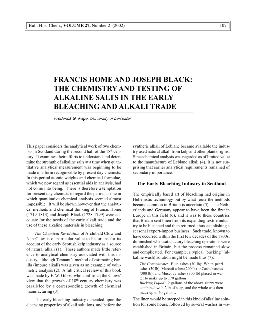 Francis Home and Joseph Black: the Chemistry and Testing of Alkaline Salts in the Early Bleaching and Alkali Trade