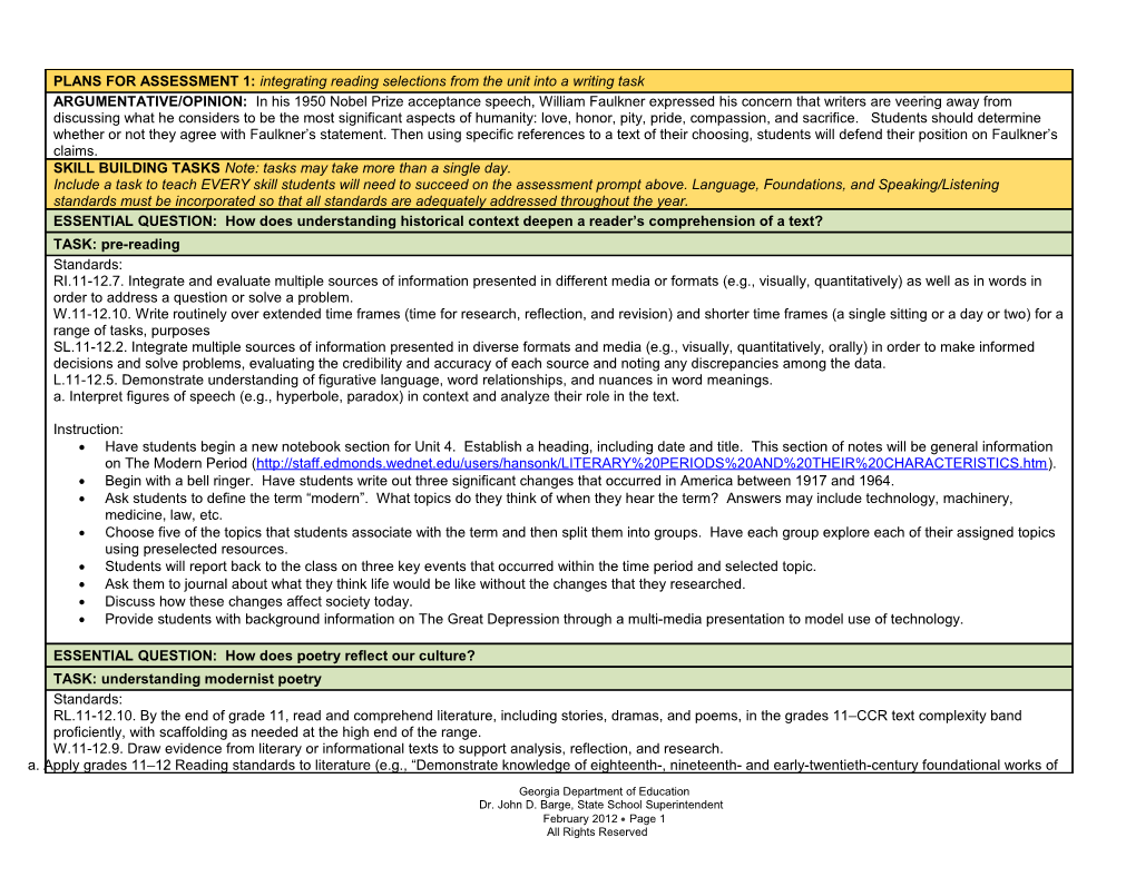 GRADE 11 AMERICAN LITERATURE ELA CCGPS UNIT PLAN 4Th NINE WEEKS This Unit Is Provided