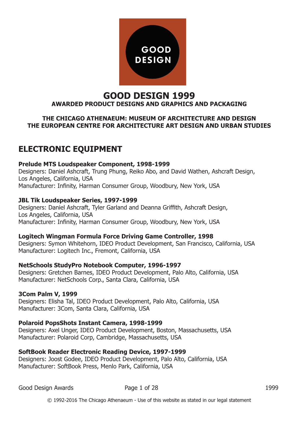 Good Design 1999 Awarded Product Designs and Graphics and Packaging