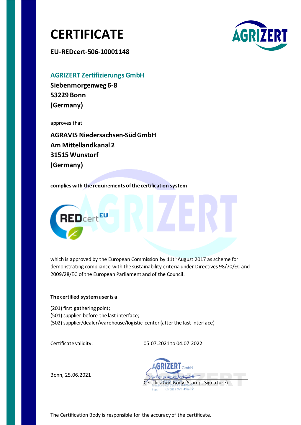 AGRIZERT Zertifizierungs Gmbh Siebenmorgenweg 6-8 53229 Bonn (Germany)