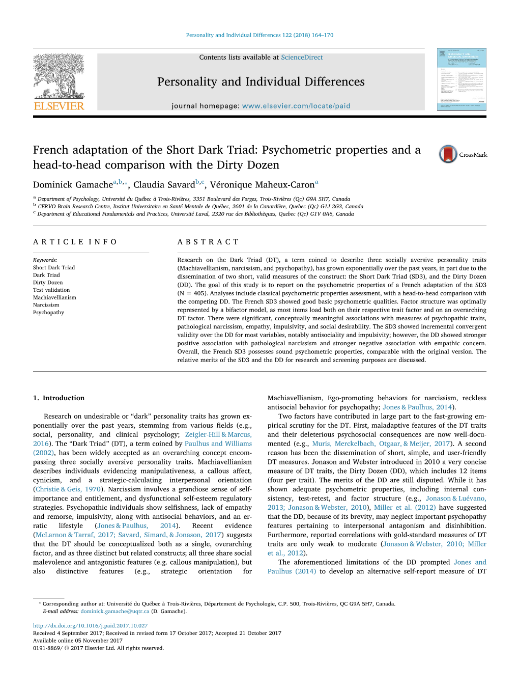 French Adaptation of the Short Dark Triad Psychometric Properties And