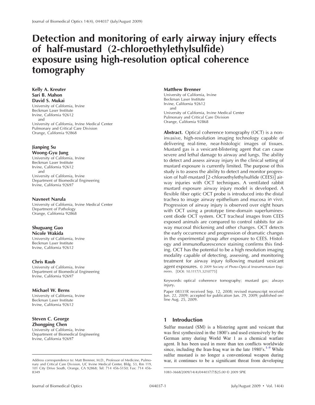 Detection and Monitoring of Early Airway Injury Effects of Half-Mustard „2-Chloroethylethylsulﬁde… Exposure Using High-Resolution Optical Coherence Tomography