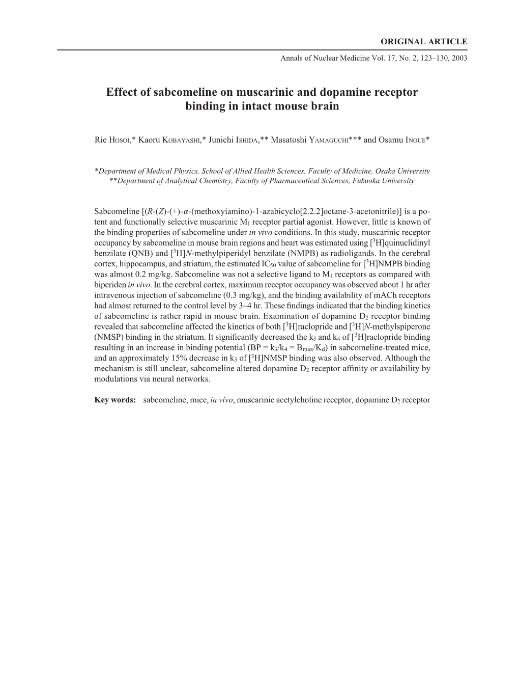 Effect of Sabcomeline on Muscarinic and Dopamine Receptor Binding in Intact Mouse Brain