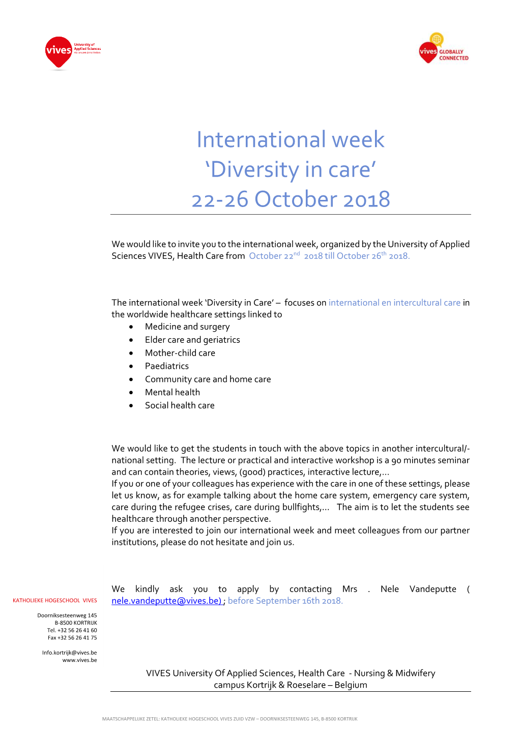 International Week 'Diversity in Care' 22-26 October 2018