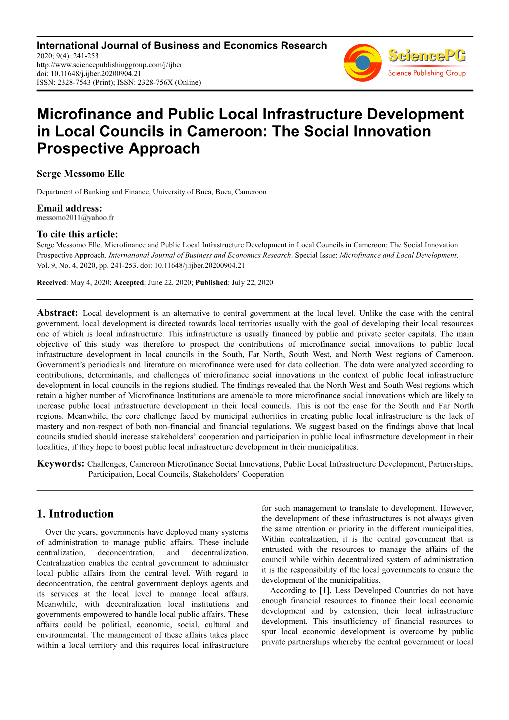 Microfinance and Public Local Infrastructure Development in Local Councils in Cameroon: the Social Innovation Prospective Approach