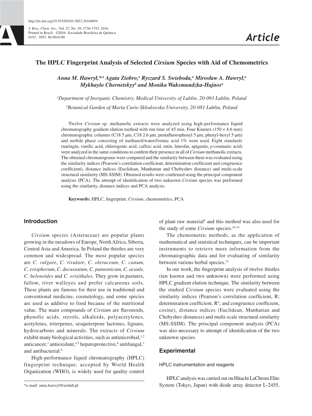 The HPLC Fingerprint Analysis of Selected Cirsium Species with Aid of Chemometrics