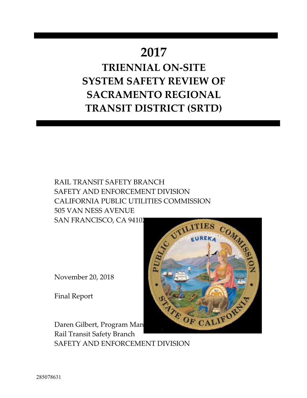 Triennial On-Site System Safety Review of Sacramento Regional Transit District (Srtd)